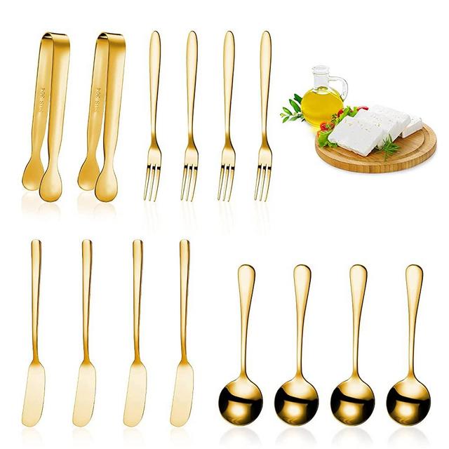 14 Pieces Cheese Butter Jam Spreader Knives Set Stainless Steel Cheese Slicer Butter Spreader Knives with Handles Mini Serving Tongs Spoons and Forks for Butter Jam Pastry Making (Golden)