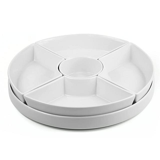 Round Porcelain Platter with Removable Sections & Tray - Perfect Platters for Chips & Dip, Cheese, Nuts, Olives, Fruit & Vegetable - Indoor or Outdoor Party Trays & Platters Set