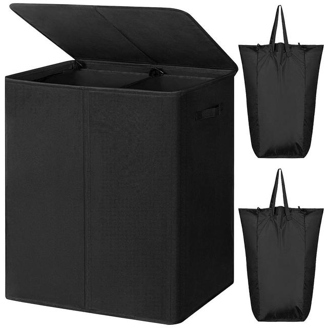 WOWLIVE 154-Liter Fabric 2-Section Collapsible Double Laundry Basket Storage Hamper with Lid and Removable Bags for Bedroom, Dorm, and Bathroom, Black