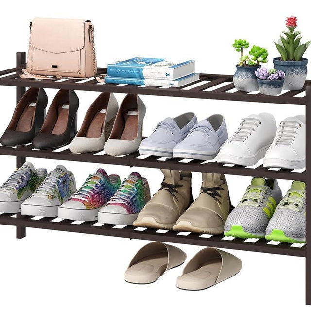 viewcare Long Shoe Rack, Bamboo Wood Shoe Rack for Closet, Entryway & Hallway, 3-Tier Stackable Shoe Shelf