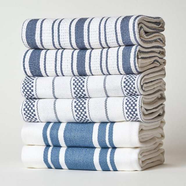 Casa De Lan Kitchen Towels Set – Pack of 6 (20’’ x 30’’) Extra Large Premium Cotton Dish Towels for Kitchen – Absorbent – 100% Cotton – with Hanging Loop – Blue Grey Multi Design Striped