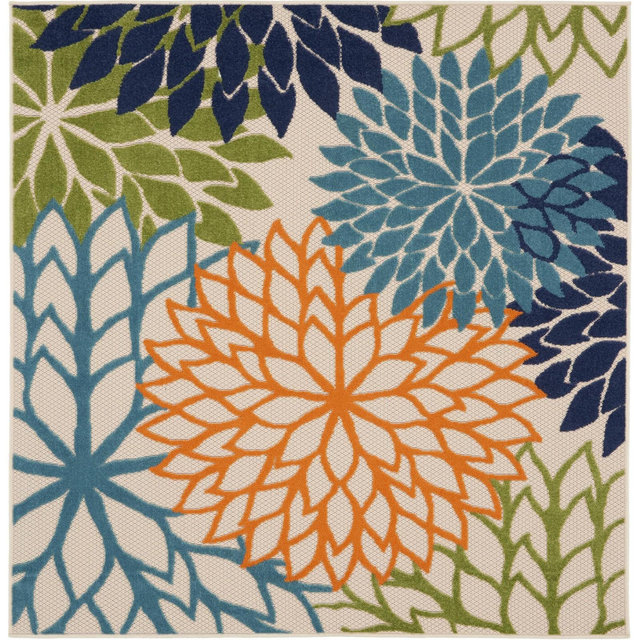 Nourison Aloha Floral Bloom Flatweave High-Low Indoor Outdoor Square Rug Multicolor 5' x 5'