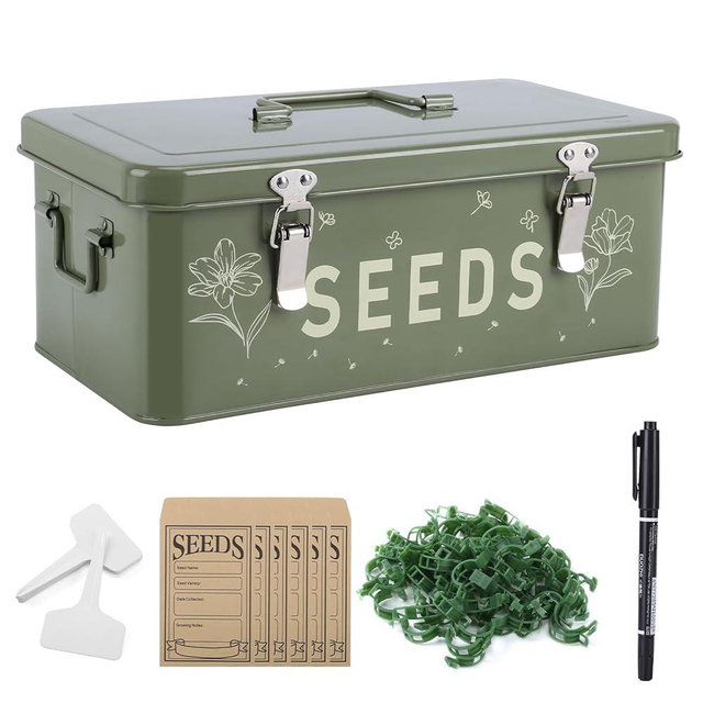 Cinpode Seed Storage Organizer with Lid, Metal Seed Bin Seed Packet Container with 100 Plant Labels 50 Seed Envelopes 50 Plant Clips 1 Marker Pen, 4 Compartments Box with Locks