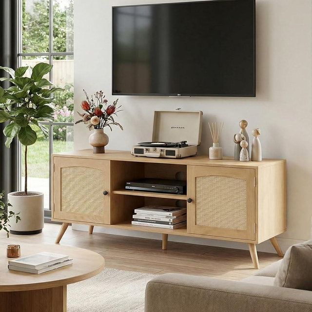 holzart Mid Century Modern Rattan TV Stand for 55/60 Inch TV - 53" Boho Media Console Table with Cane Doors & Open Shelves, Oak Wood Finish Entertainment Center for Living Room, Hallway, Entryway