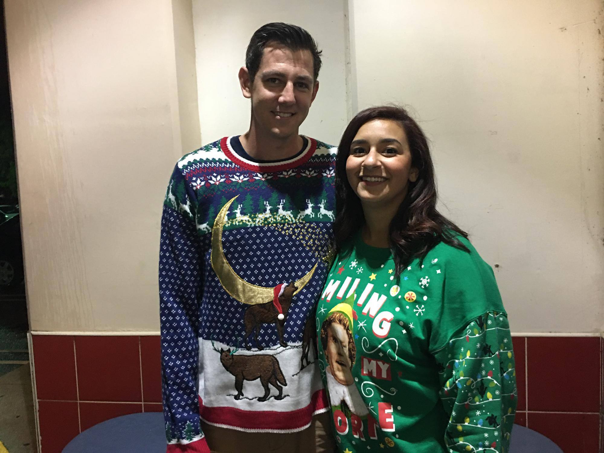 Ugly Christmas sweater party, I think Chris wins. Although Mark Gudim showed up in a velour Santa suit.