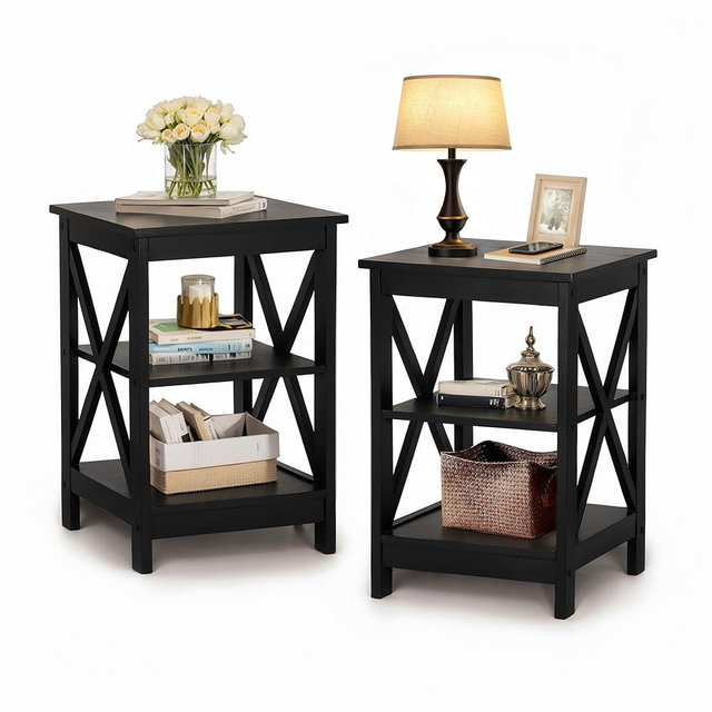 PHI VILLA Black End Table, Side Table for Living Room Set of 2, Nightstand/Bedside Table