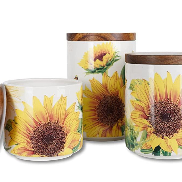 Sunddo Sunflower Ceramic Canister Sets for Kitchen Counter,Tea Coffee Sugar Canister Set with Bamboo Lid Set of 3