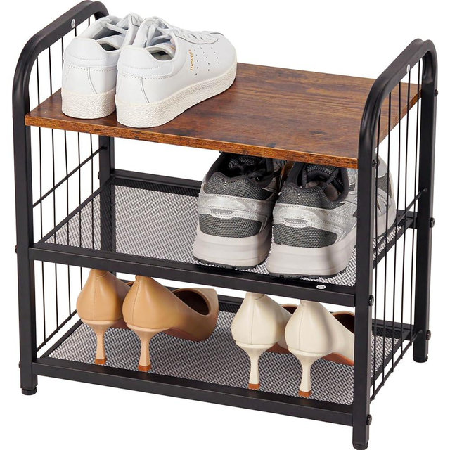 BWOORACKU Narrow Shoe Rack for Small Spaces, 3-Tier Compact Shoe Organizer for Closet, Entryway, Small Apartment, Space Saving Metal & Wood Shoe Storage Shelf