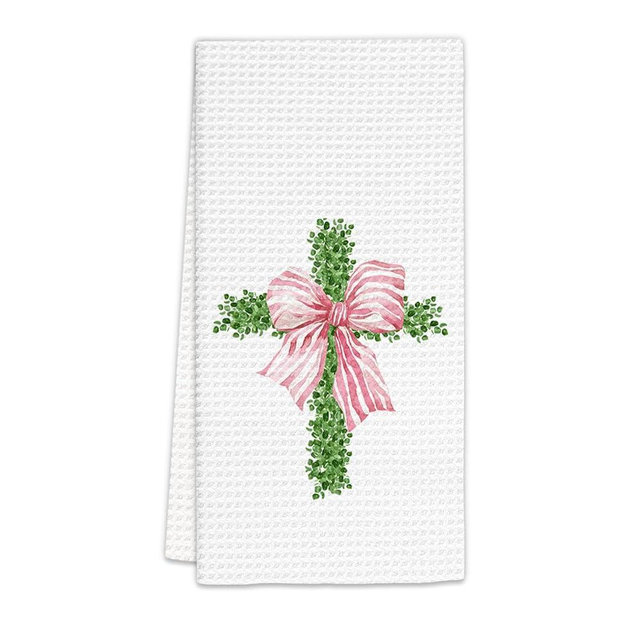 FIicy Pink Bow Boxwood Cross Kitchen Towels, Grandmillennial Easter Dish Towels, Pink Preppy Cross Decorative Hand Towels for Kitchen Bathroom, Christian Easter CrossKitchen Bathroom Decor(16x24 in)