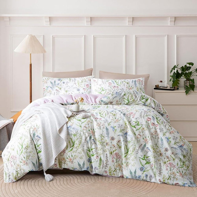 EAVD Vintage Style Botanical Floral Duvet Cover King Soft Cotton Chic Cute Bird Floral Print Bedding Set with 2 Pillowcases Vibrant Garden Botanical Comforter Cover with Zipper Closure