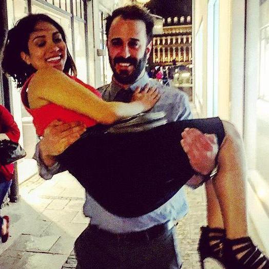 Kelly carrying Tim in Munich.