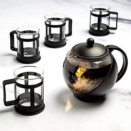 Primula Half Moon Glass Teapot with Removable Infuser Cups and Flowering, Superior Filtration, Gift, Tea Set for Service of 4 Adults, 40 oz, Black