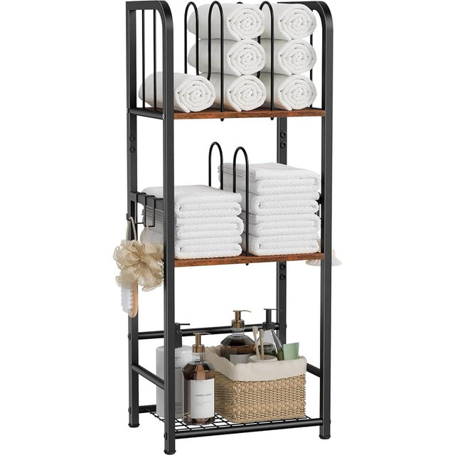 Snughome Towel Rack Free Standing 3-Tier M-Shaped Detachable Dividers, Metal Towel Storage Shelf for Bathroom, Pool Towel Rack Holder, Space-Saving Storage Organizer, Modern Bath Towel Storage Holder