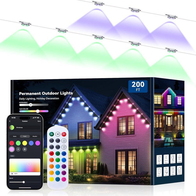 200FT Permanent Outdoor Lights -RGB Eaves Lights with App Control Remote,DIY Scene Modes IP67 Waterproof Outside LED Light for Christmas, Holiday, Daily, House Roof Eternity Lighting