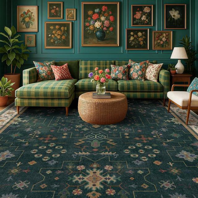 Hazo Haus Dark Green Oushak Living Room Rug 9x12 - Modern Vintage Boho Eclectic Floral Pastel, Washable Low Pile Non-Slip Extra Large Area Rugs for Dining Under Table Bedroom