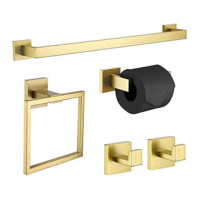 LANC Bathroom Hardware Accessories Set 5-Pieces Stainless Steel Brushed Gold Square 24" Towel Bar Holder 2 Robe Hooks Towel Ring Sets Wall Mounted,A8808-5BG