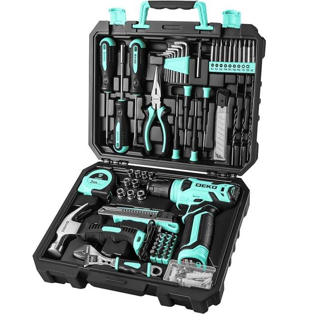 DEKOPRO Drill Set: Tool Set with 8V Cordless Drill, Home Tool Kit with Drill, Hand Tool Kits for Women 126 Piece, Turquoise