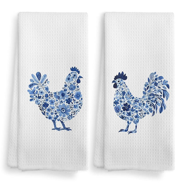 NOQL Blue Chinoiserie Chicken Kitchen Towels and Dishcloths Set of 2, Chicken Lovers Gifts Hand Towels, Grand Millenial Blue and White Chickens Hand Dish Tea Towel for Bathroom Kitchen, 16x24 Inches