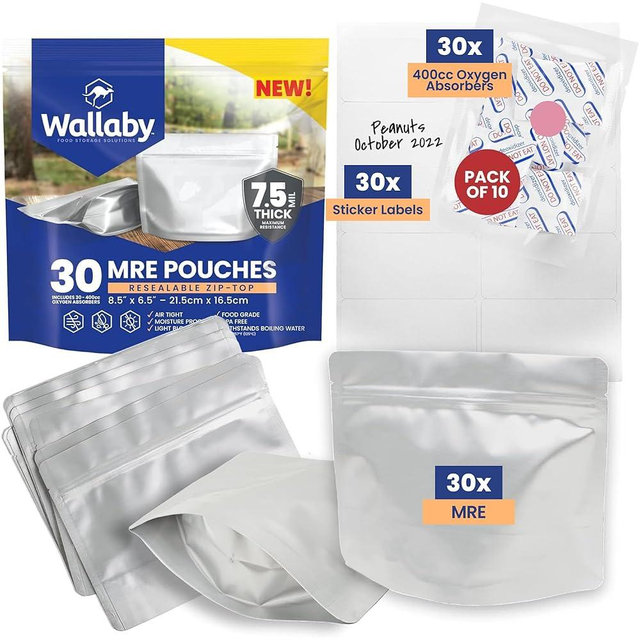 Wallaby 30 Count MRE Mylar Bags with 400cc Oxygen Absorbers, 15 Mil Total thickness Long-Term Food Storage Pouches, 6.5x8.5 Stand-Up Zipper Heat-Sealable Airtight Packaging - Silver