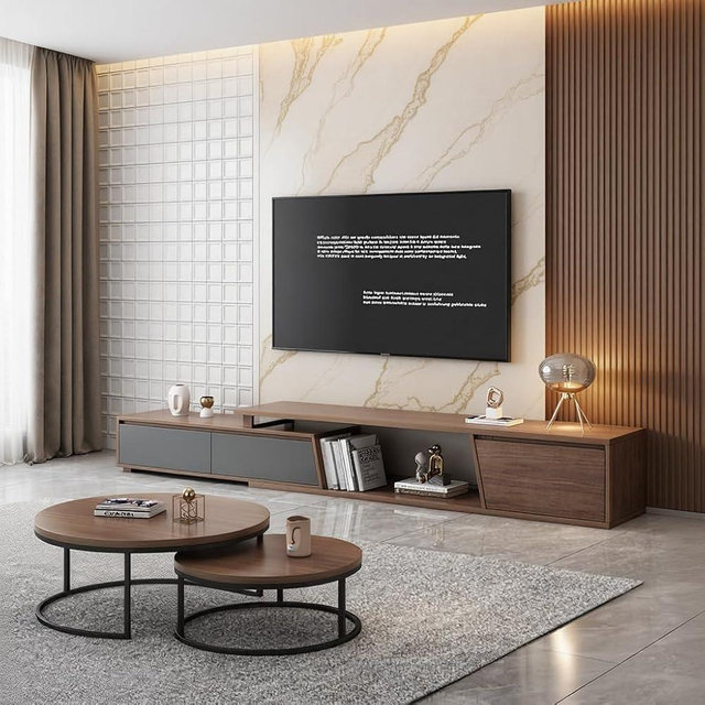 Lumisphere Modern Walnut TV Stand Entertainment Center, Extendable to 120 Inch, 3 Storage Drawers, Contemporary Media Console with Shelves, Walnut Grey