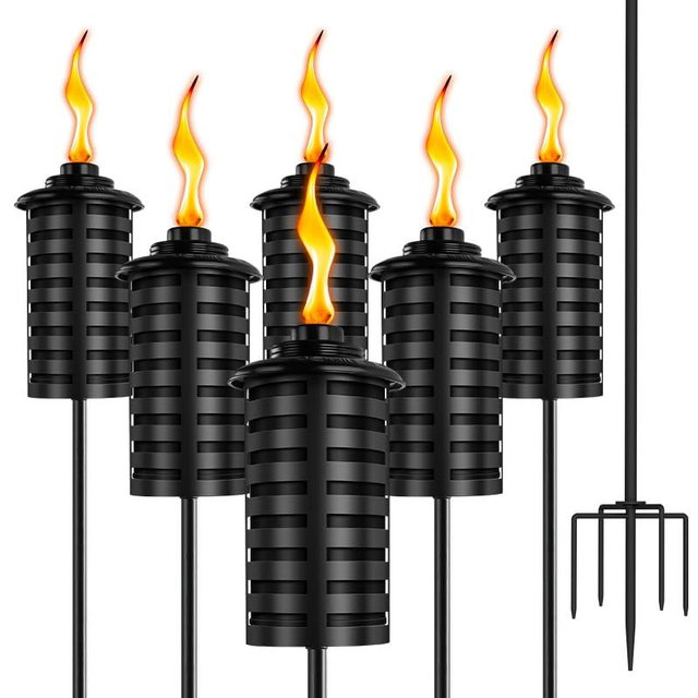 ZSZMFH Upgraded Citronella Torches for Outside Set of 6, 16 Oz Outdoor Garden Torches with 5-Prong Grounded Stake, 60 Inch Metal Torch for Garden Décor, Backyard, Patio, Pathway, Party