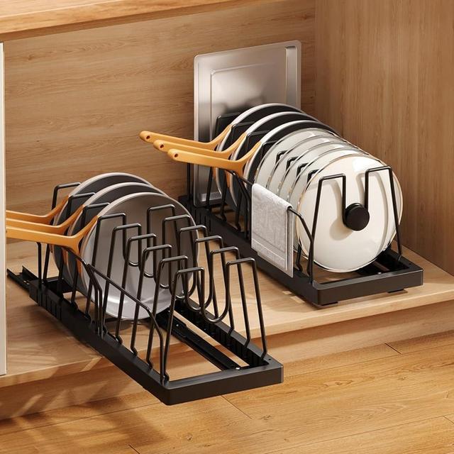 Mustorn 2 Pack Pots and Pans Organizer Under Cabinet, 21.6" Deep Pull Out Pot Lid Organizer Holder with Guardrail Adhesive Pot and Pan Holder Rack with 10 Adjustable Dividers(Black)