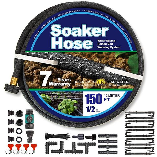 Soaker Hose for Garden Beds,Heavy Duty 1/2" D Ruber Drip Irrigation Save 70% of water Hoses Kit with Stakes&Connector Set Eminently Suitable for Lawn & Yard,Landscaping (150 ft)