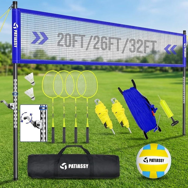 Outdoor Volleyball Net System for Backyard, Adjustable Height (5.1–8FT) & Width (20–32FT), Anti-Sag Tension System, 2-in-1 Badminton Combo Set with Carry Bag, Rackets & Shuttlecocks