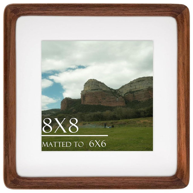 Husteria 8x8 Square Picture Frame in Natural Walnut Wood, Solid Wooden Frames matted to 6x6, Gallery Frames for Wall Mount or Tabletop Display