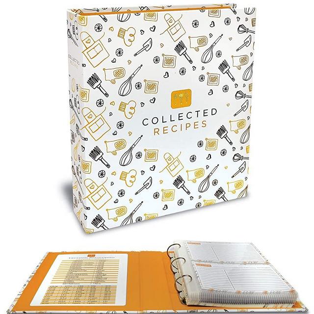 Recipe Binder, 8.5" x 9.5" 3 Ring Binder Organizer Set (with 50 Page Protectors, 100 4" x 6" Recipe Cards & 12 Category Divider Tabs) by Better Kitchen Products, Black & Gold Montage Design