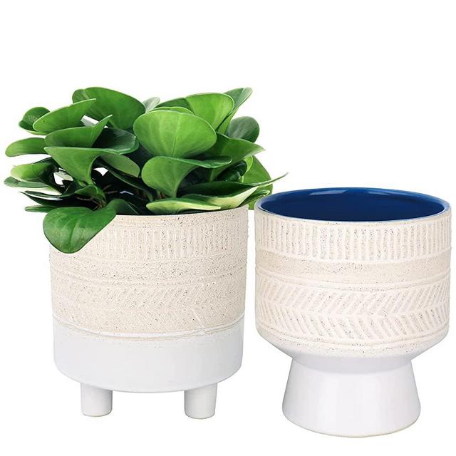 LA JOLIE MUSE Ceramic Pots for Plants - Plant Pots 6 Inch Greece Style Embossed Flower Pot with Drain Hole for Indoor, Ivory & Galaxy Blue,Set of 2