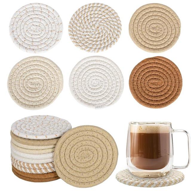 BUEDM 12 Pcs Boho Coasters for Drinks, 6 Color Handmade Woven Absorbent Drink Coasters, Heat Resistant Cotton Coasters for Coffee Table, Kitchen, Home Decoration