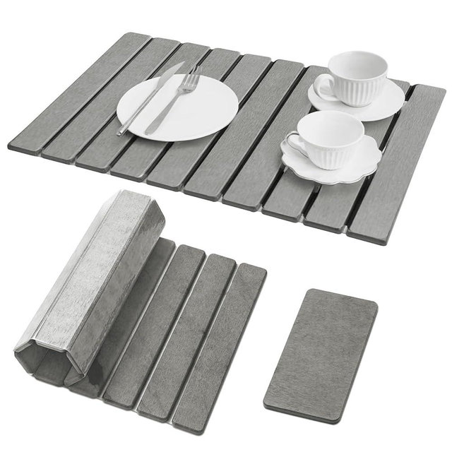 Large Stone Dish Drying Mat for Kitchen Counter, Quick Dry Stone Dishes Mats, Foldable Water Absorbing Diatomaceous Earth Drying Organizer Pad for Rack Bottles Plates(Light Gray 24"×16" & 8"x5")