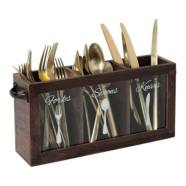 Blu Monaco Expresso Wooden Flatware, Cutlery,Kitchen Utensil & Silverware Caddy Organizer Bin Holder for Forks, Spoons, Knives - Perfect for Kitchen Countertop