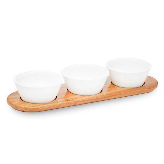Sheffield Home Chip and Dip Serving Platter with 3 Removable 10oz White Stoneware Bowls, 4.75" Diameter, Wooden Tray