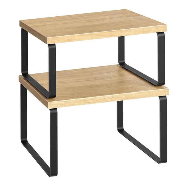 HOOBRO Cabinet Organizer Shelf, Set of 2, Kitchen Countertop Organizer, Kitchen Countertop Shelf, Spice Rack for Counter, Stackable, Expandable for Cabinet, Kitchen, Natural and Black BN33TL01