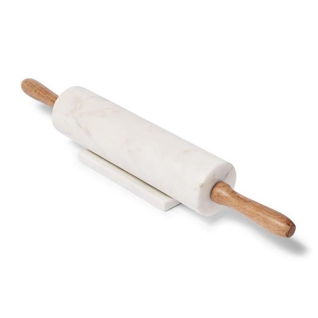 Sur La Table Marble Rolling Pin with Wooden Handles, White
