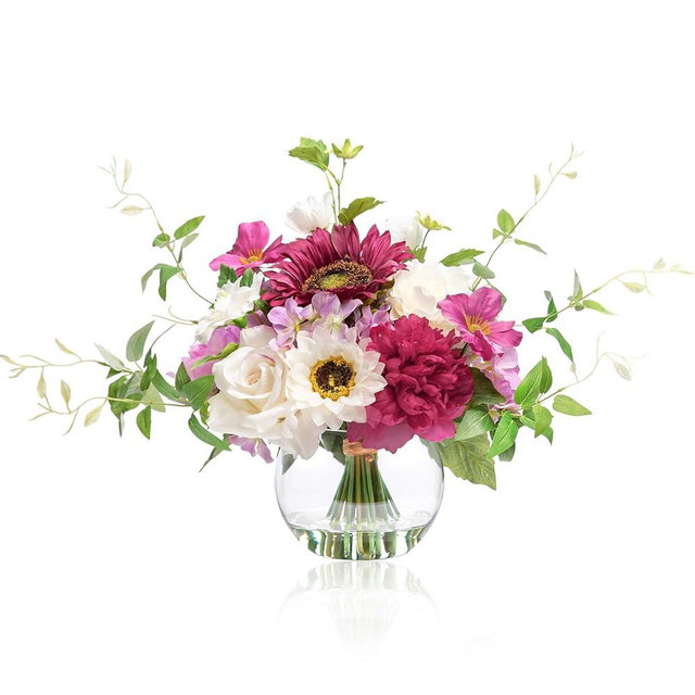 Artificial Flowers Centerpieces in Glass Vase with Fake Water, Silk White Rose Sunflowers Peony Bouquet with Vase for Birthday Party Wedding Dinning Table Office Hotel Decor (Fuchsia Mixed Plus)