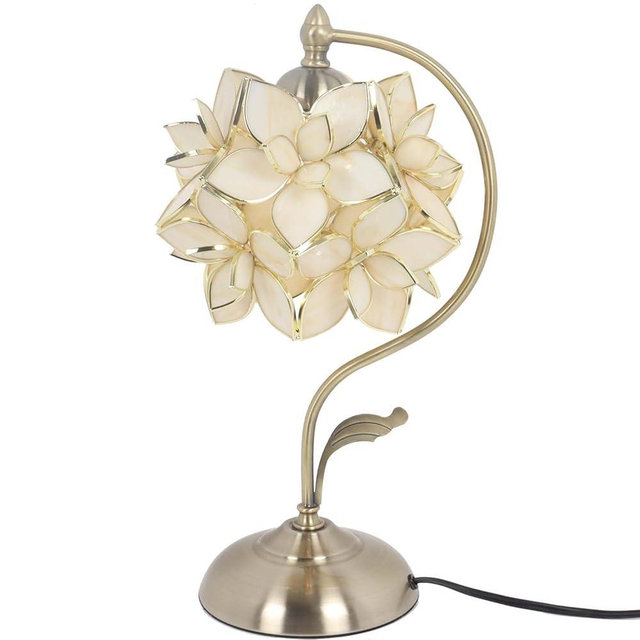 Bieye L11029 Tiffany Style Stained Glass Flower Petal Table Lamp with Brass Base for Home Décor (Cream, 8" Rose Lily)