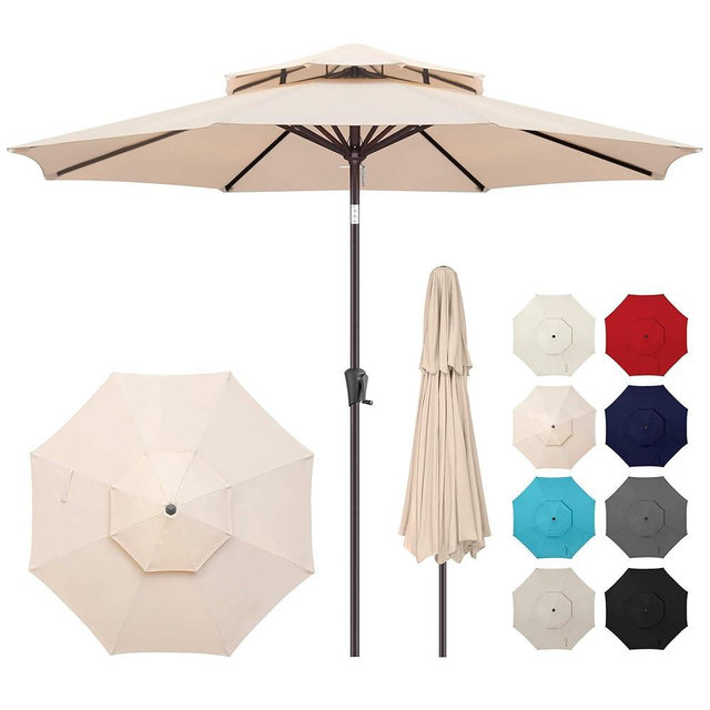 AckMizz 9ft Outdoor Patio Umbrella - 2 Tiers Table Umbrella Waterprool UV Protection, Sombrillas de Patio with Push Button Tilt&Crank, Sun Umbrella for Pool, Porch, Garden, Backyard(Beige)