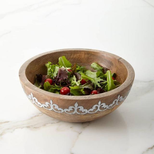 G G CollectionMango Wood Wide Serving Bowl with Metal Inlay