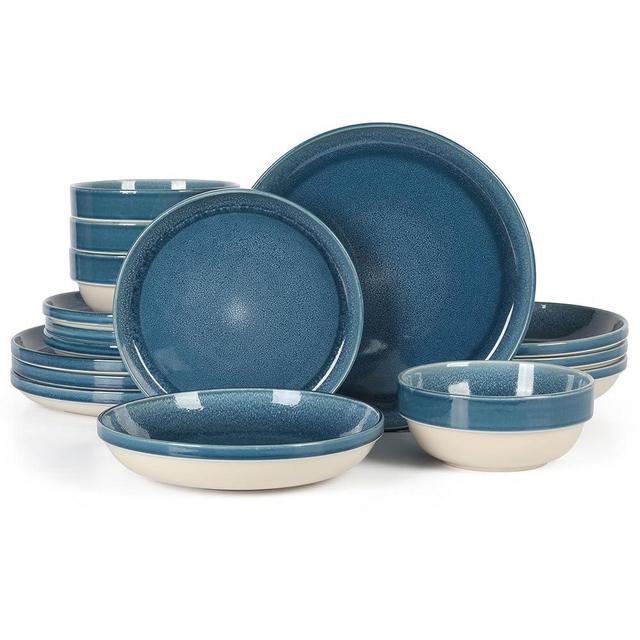 Sur La Table Kitchen Essentials Banquette 16 Piece Double Bowl Plates and Bowls Reactive Glaze Stoneware Dinnerware Set - Blue