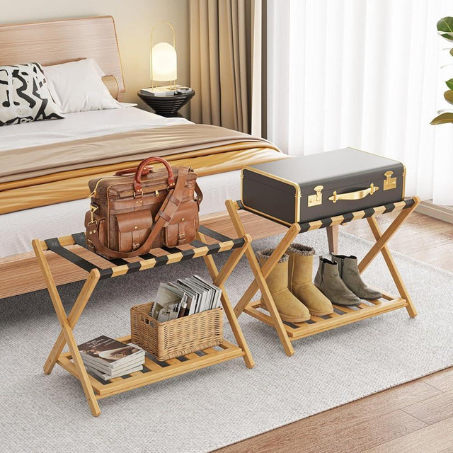 BAMBOOHOMIE 2 Pack Bamboo Luggage Rack for Guest Room, 26.77" Folding Wide Suitcase Stand with Storage Shelf, Thickened Luggage Stand Holder for Bedroom Hotel, Luggage Rack for Suitcases (Natural)