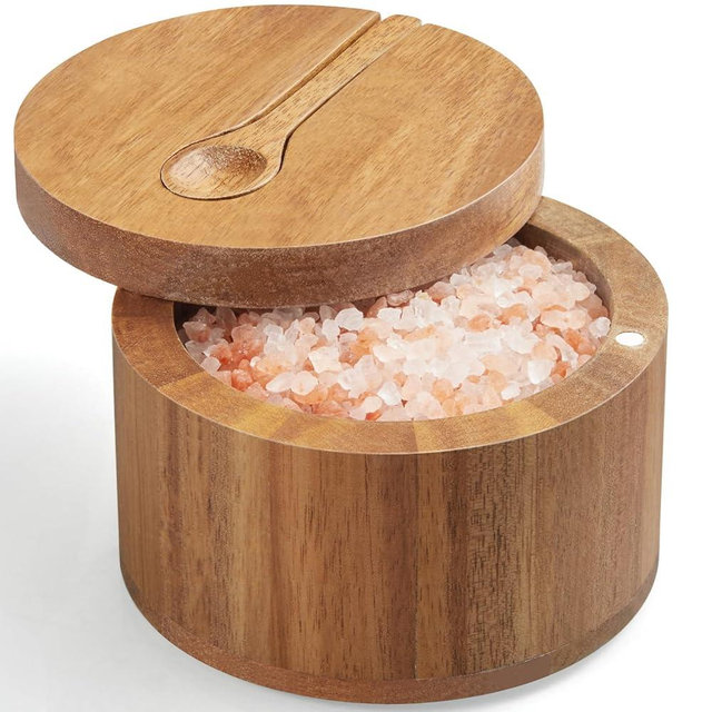 OUTNILI Salt Box Bowl with Lid and Spoon - Acacia Salt Cellar with 360° Swivel Lid - Salt Container Holder for Sea Salt Herbs or Favorite Seasonings, for Kitchen Decor and Accessories, 7 Ounces