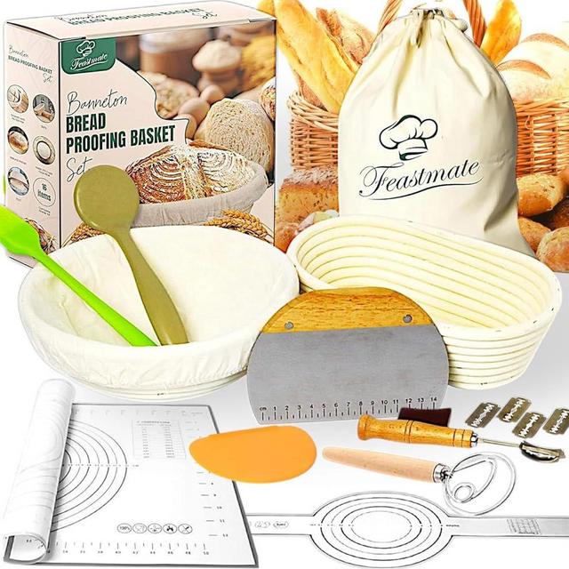 Sourdough Starter Kit - Banneton Bread Proofing Basket Set with Liners, Sourdough Bread Baking Supplies & Bread Making Tools - Includes two Banneton Basket, Tools with Sling & Kneading Pad