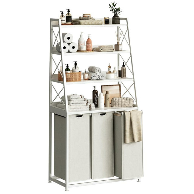 Herture Laundry Basket, 3 Section Laundry Hamper with 4 Tiers Shelf, Pull-Out and Removable Laundry Bags, Large 3 x 15.87 Gallons, for Laundry Room Bathroom White PF05XLW