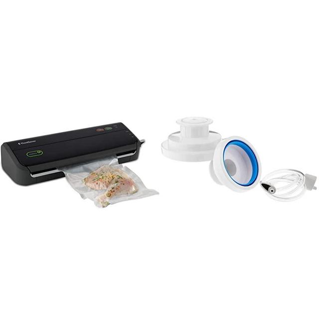 FoodSaver Vacuum Sealer Machine with Starter Vacuum Seal Bags & Rolls, Safety Certified, Black - FM2000-FFP & Regular Sealer and Accessory Hose Wide-Mouth Jar Kit, 9.00 x 6.00 x 4.90 Inches, White