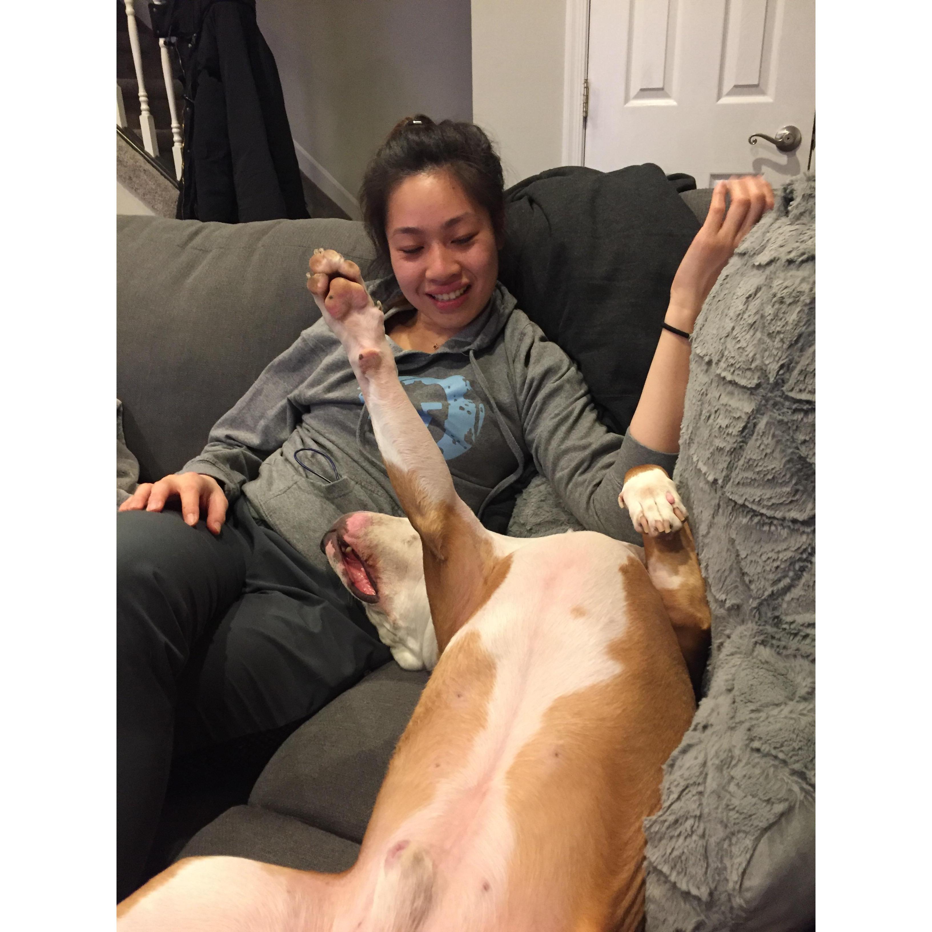 Vinny snuggling up next to Linda!