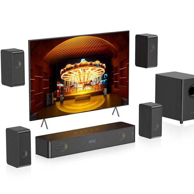 Wooden 5.1.2 Sound Bars, 4 Surround Speakers Wired, 400W Peak Power, Virtual Surround Sound System, Soundbar for Smart TV Speaker w/5.25'' Subwoofer, Home Theater System, ARC/OPT/BT/AUX, HiPulse N512