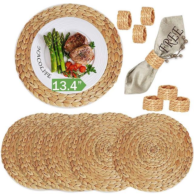NACOLIFE Woven Placemats - Wicker Placemats - Round Placemats for Dining Table - Woven Chargers for Dinner Plates - Water Hyacinth for Round Tables (13.4" Set 6+Napkin Rings)